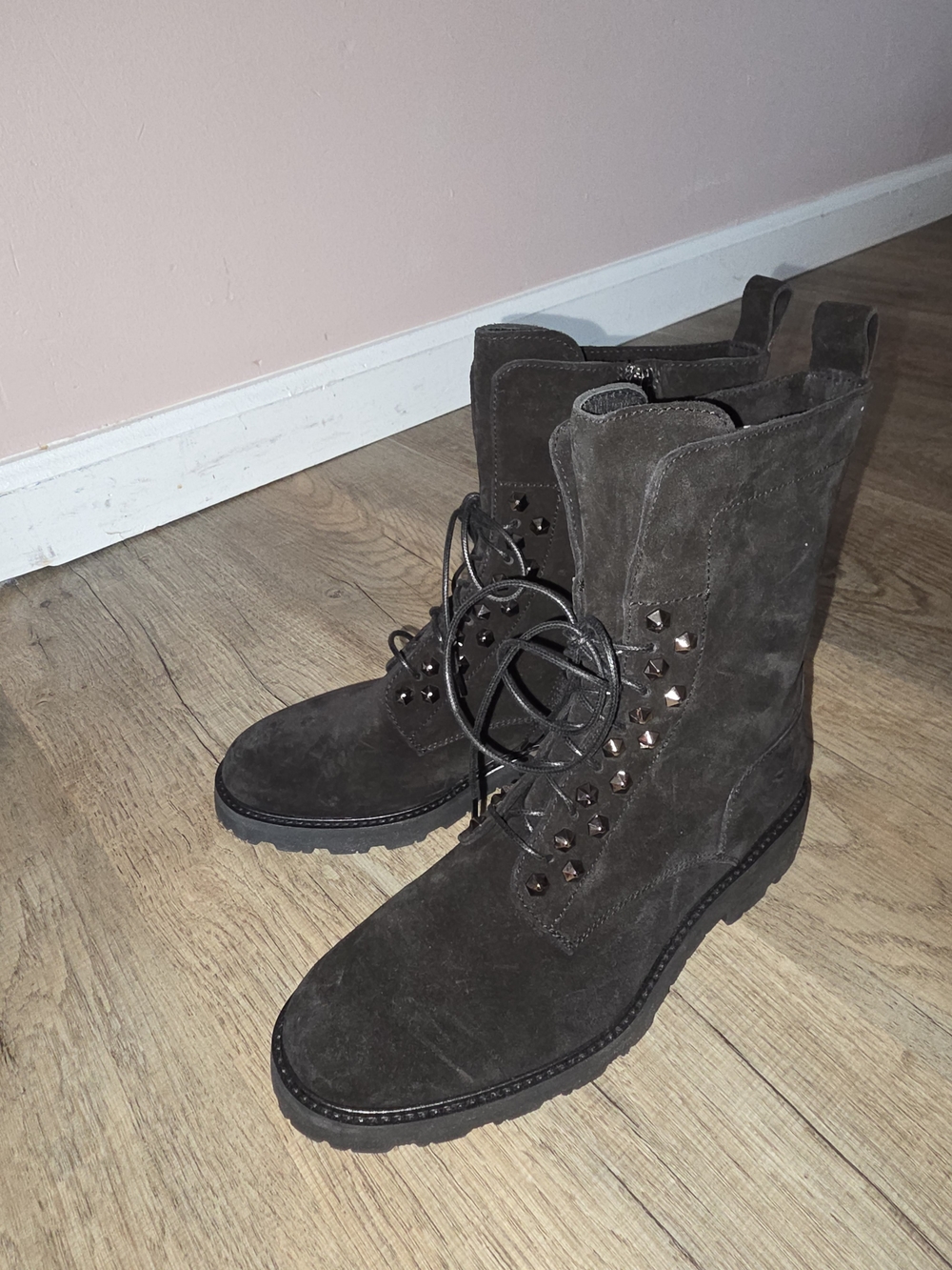 La CANADIENNE Black Suede Studded Lace-Up Mid-Calf Boots